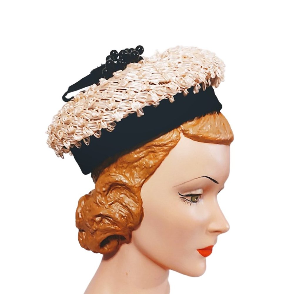 Vintage 1960s Cream Straw Round Hat With Black Berries And A Velvet Band & Bow